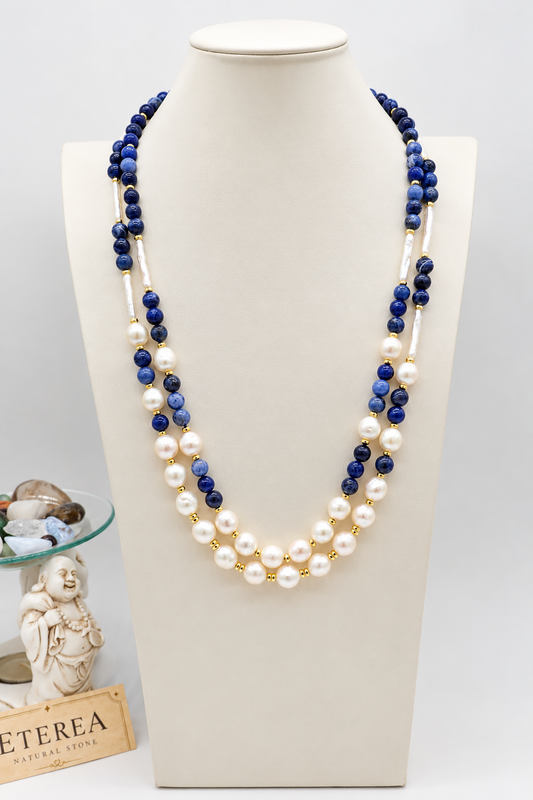 Collana lunga doppio filo in sodalite blu sfaccettata e perle Edison d'acqua dolce