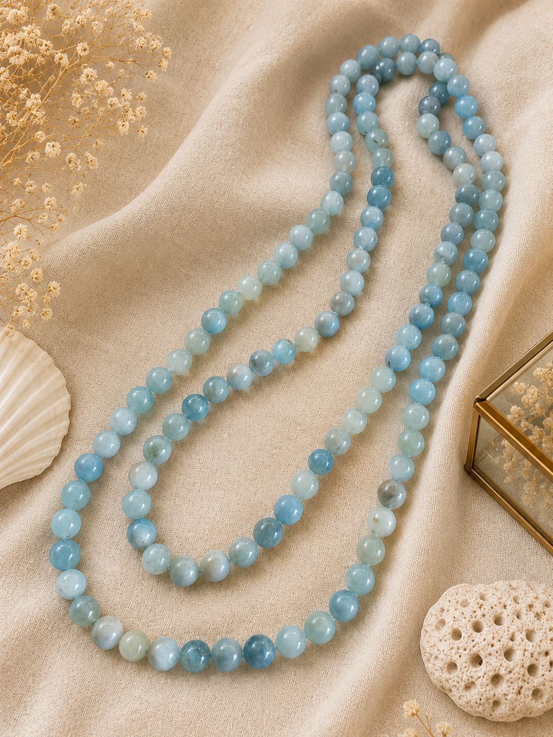Collana Lunga in Acquamarina Naturale 120 cm – Sfere 10 mm