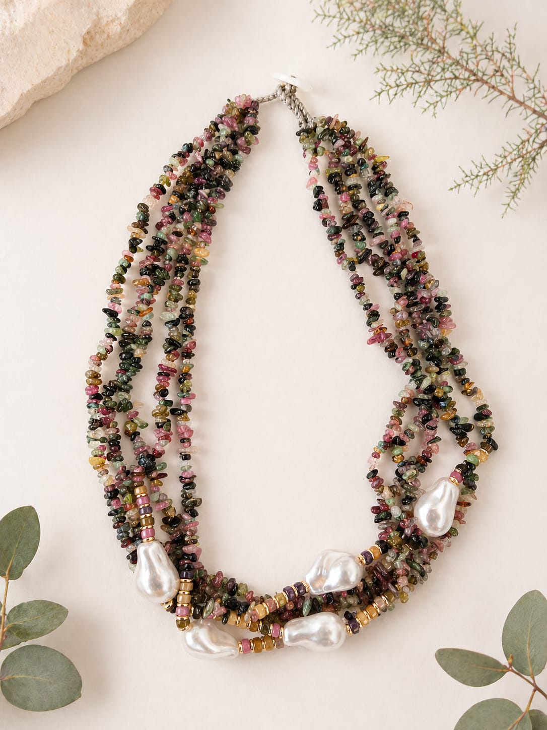 Collana multi filo in Tormalina Multi color con Perle Barocche – 55 cm