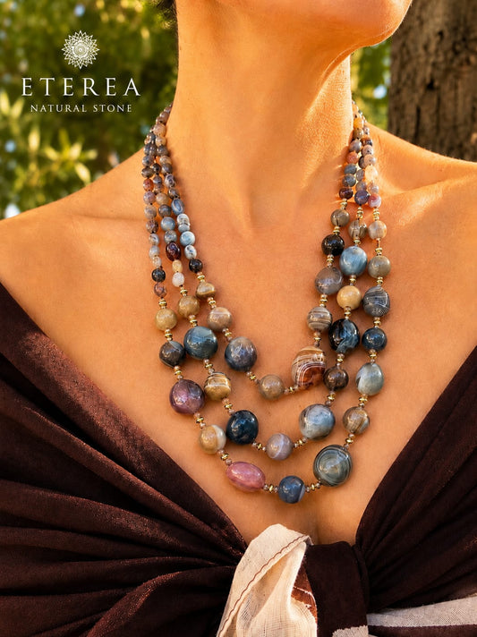 Collana Multifilo 3 Fili in Agata Botswana e Cristalli Naturali – 75 cm