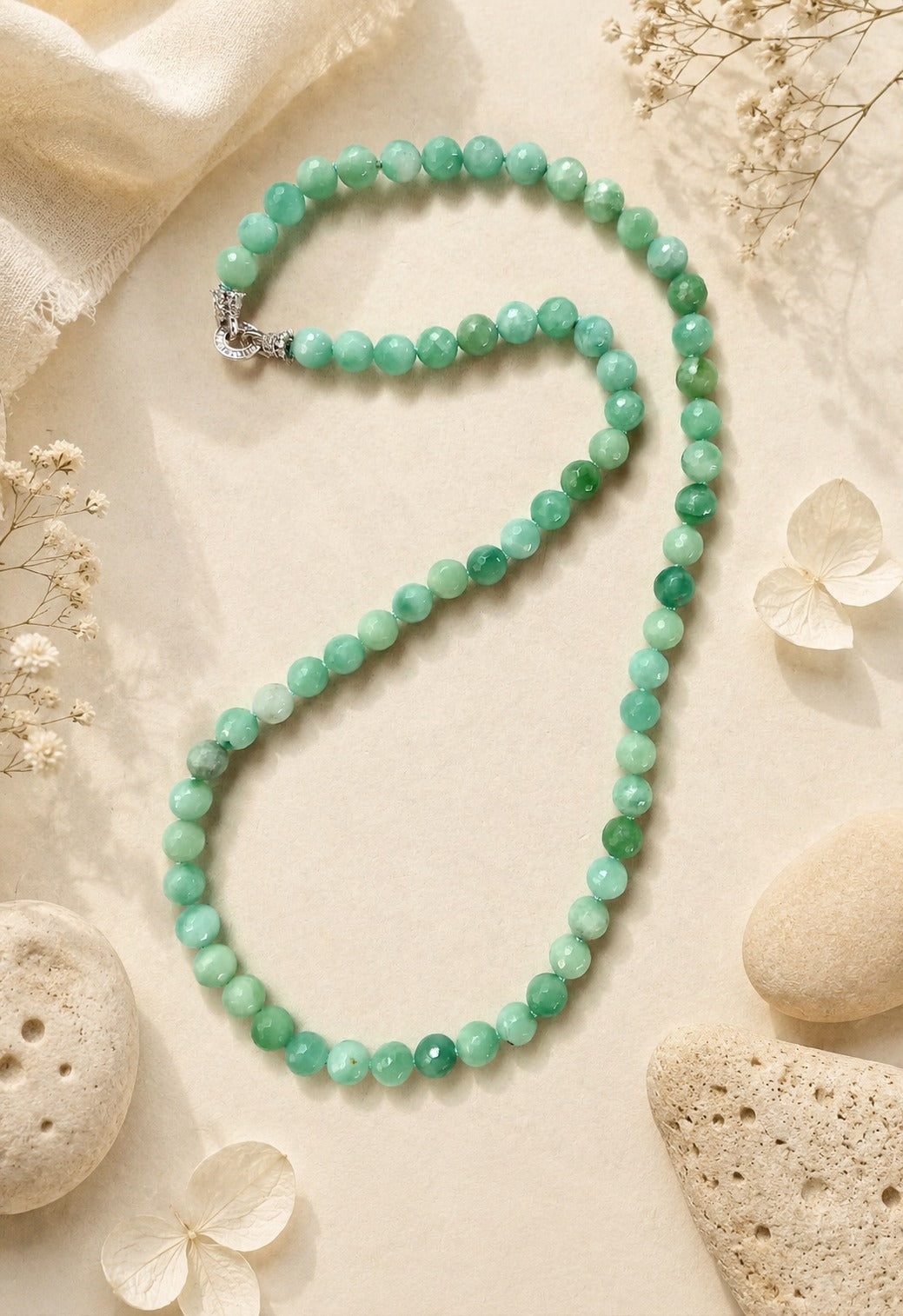 Collana Lunga in Avventurina Verde Sfaccettata – chiusura in Argento 925