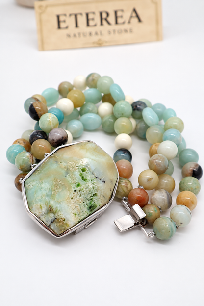 Bracciale multifilo Eterea in Crisopasio sfaccettato, Amazzonite, Acquamarina, Berillo e Osso bianco con chiusura in Argento 925