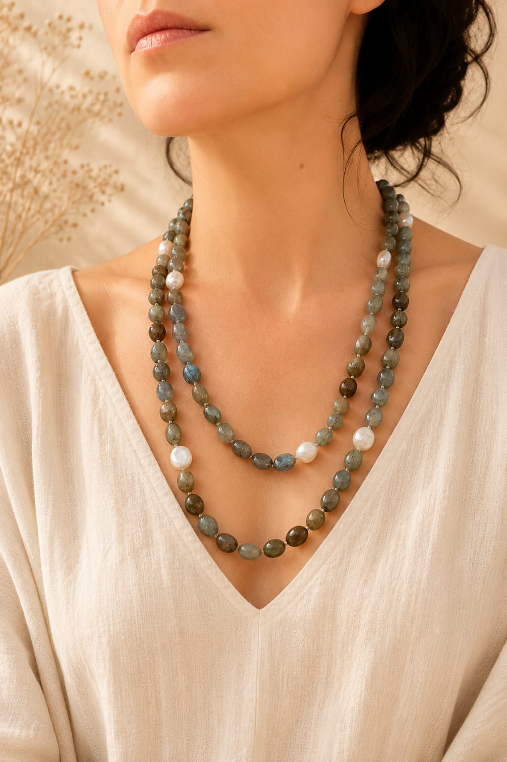 Collana Lunga in Labradorite e Perle di Fiume – 120 cm