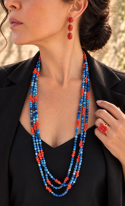 Collana Multifilo in Lapislazzuli, Corallo ed Ematite – 3 Fili