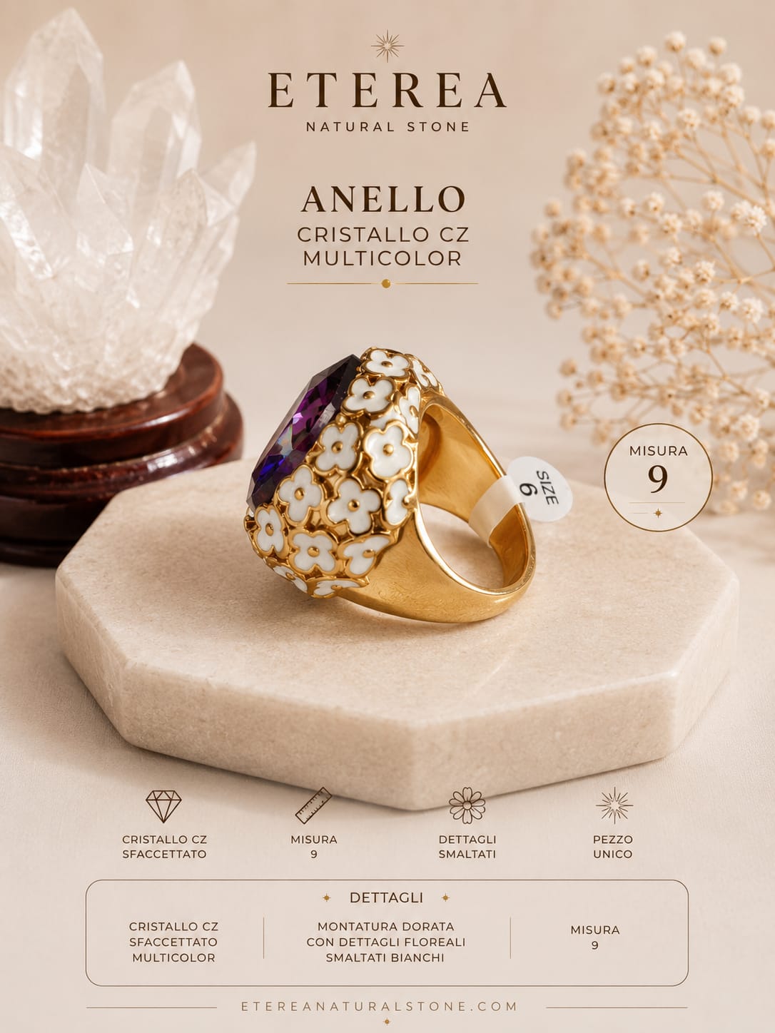 Anello Grande Cristallo CZ Viola – Acciaio Inossidabile e Smalto Bianco
