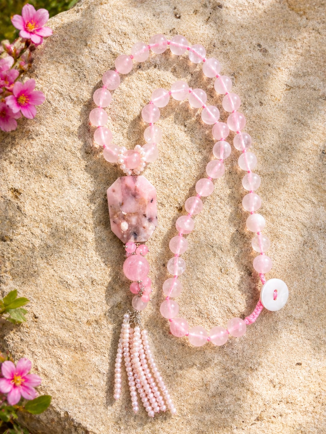 Girocollo Quarzo Rosa e Opale Rosa con Ciondolo e Nappa di Cristalli – 55 cm