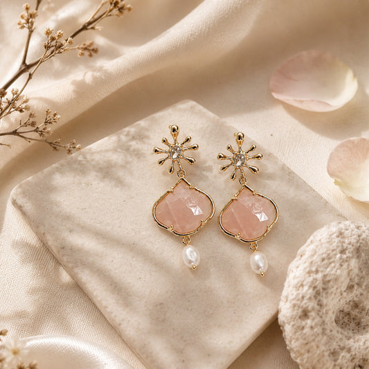 Orecchini Pietra di Luna Rosa & Perle di Fiume