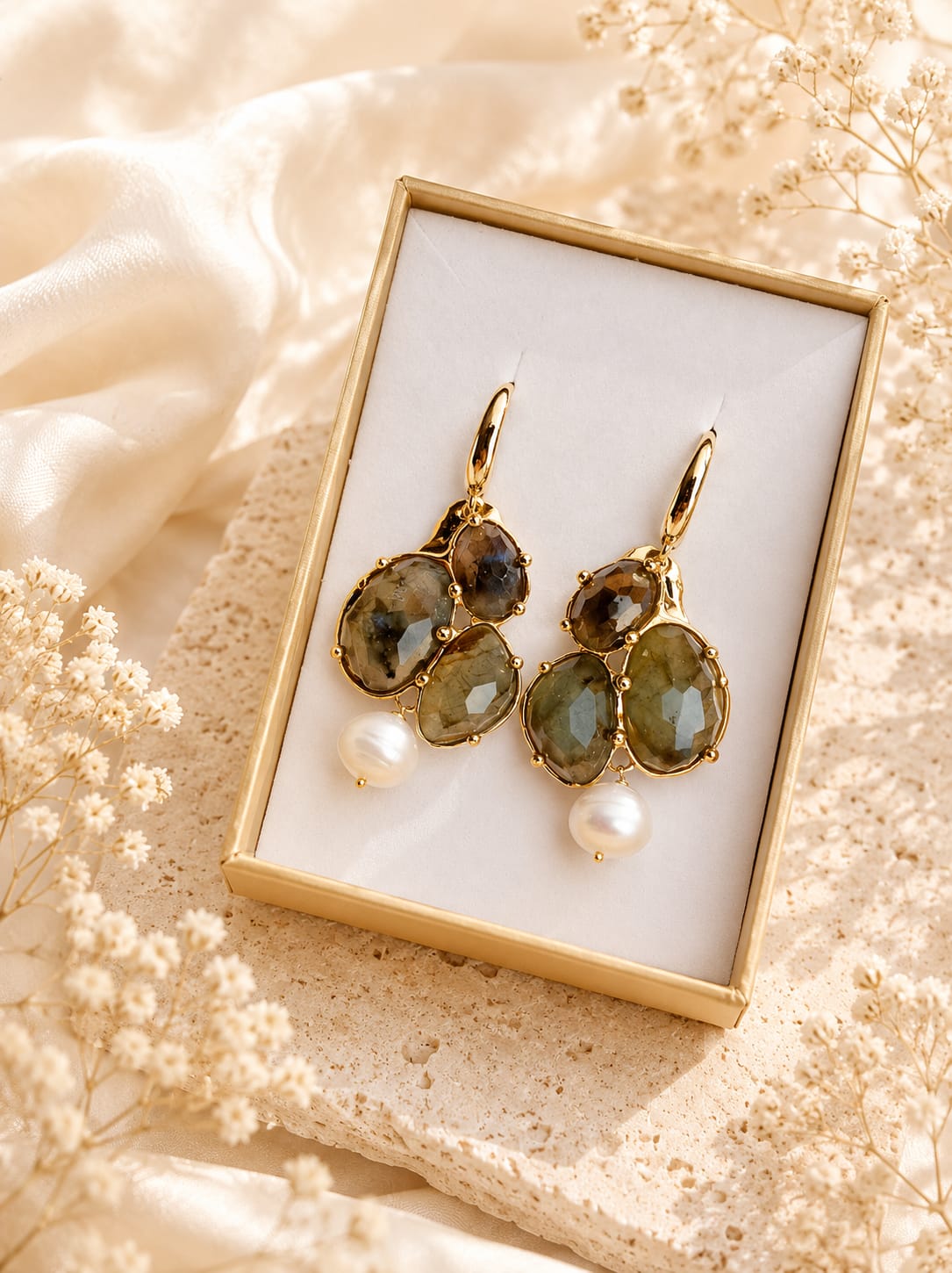 Orecchini a Grappolo in Labradorite Sfaccettata e Perla di Fiume