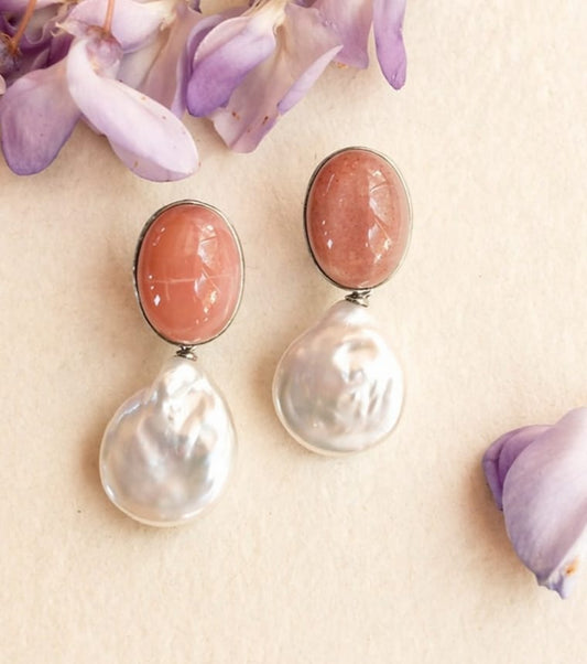 Orecchini con Perle naturali e pietre di luna rosa Argento 925