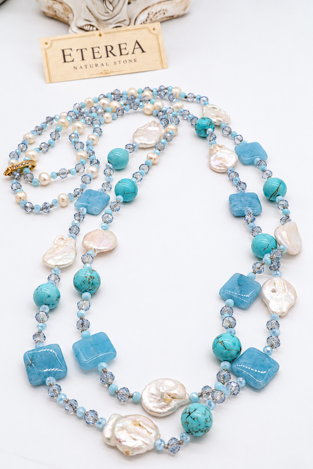 Collier modulable à deux rangs en amazonite turquoise, pierres naturelles et perles baroques