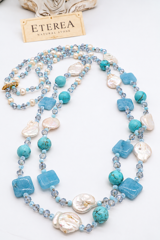 Collana Componibile a Due Fili in Amazzonite Turchese, Pietre Naturali e Perle Scaramazze