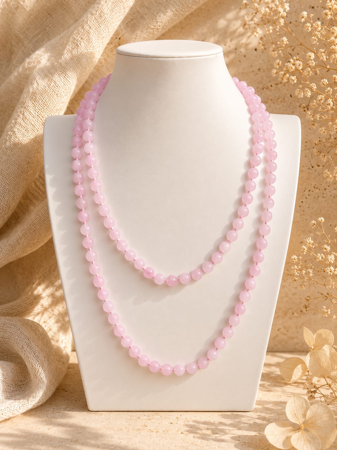 Collana Lunga in Giada Rosa Naturale Annodata a Mano – 120 cm