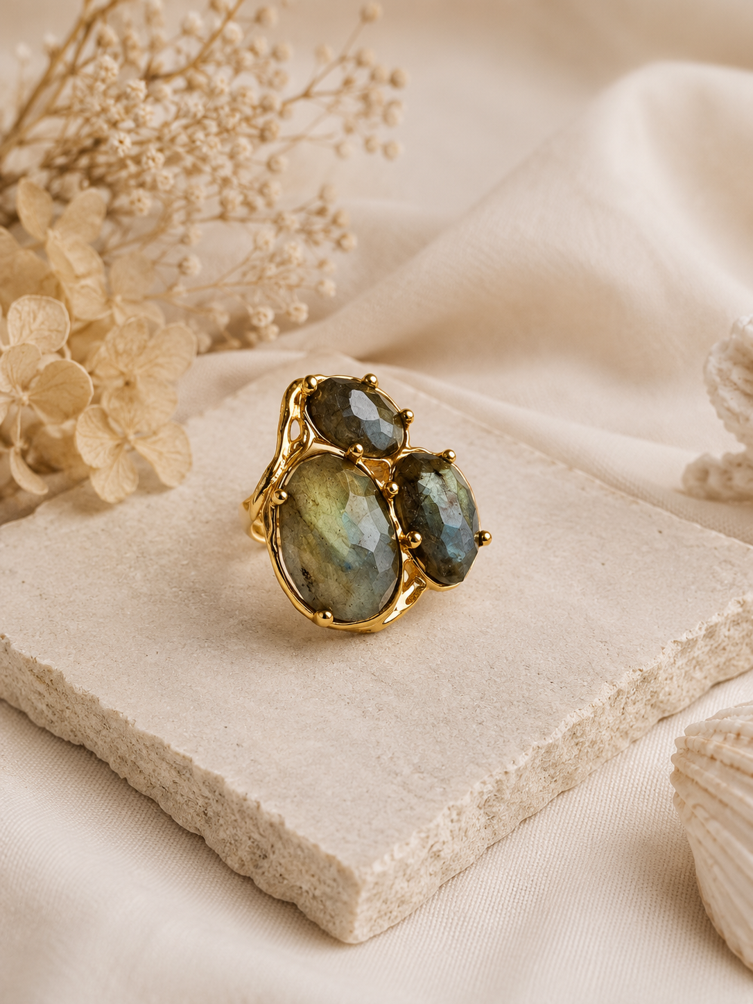 Anello Cocktail Labradorite Sfaccettata Regolabile Eterea Natural Stone