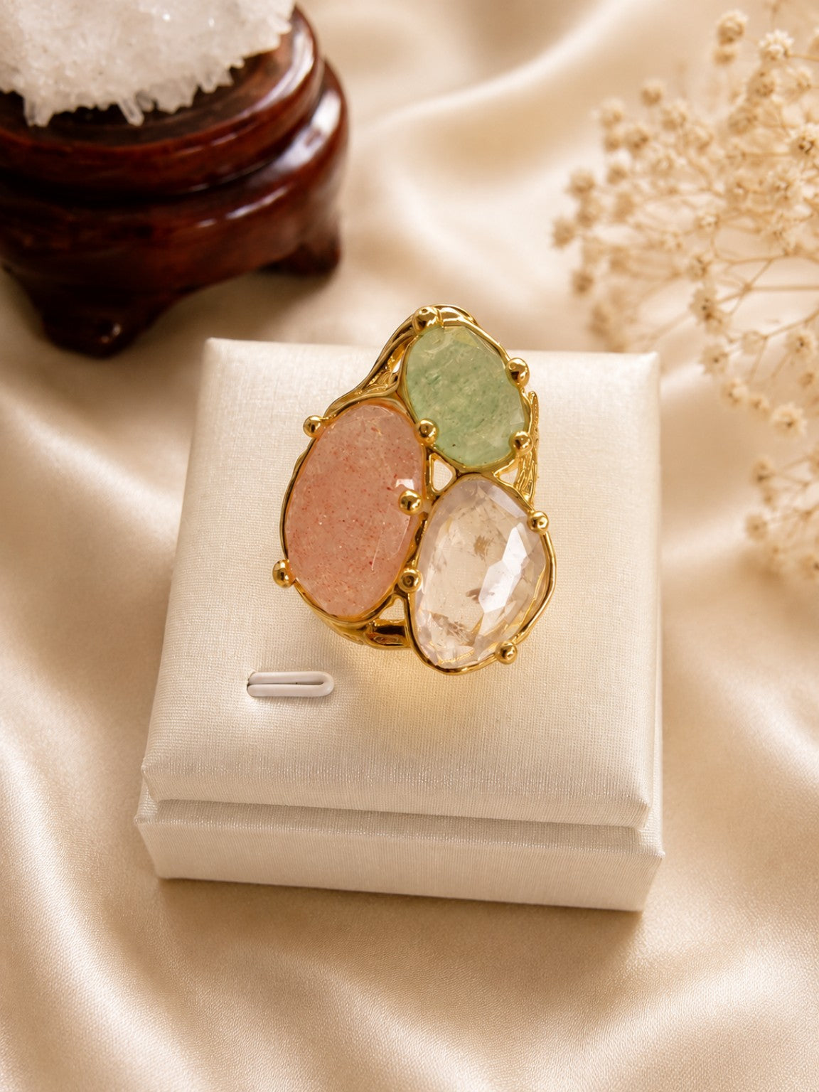 Anello Regolabile con Quarzo Rosa Fragola, Avventurina e Cristallo di Rocca | Eterea Natural Stone