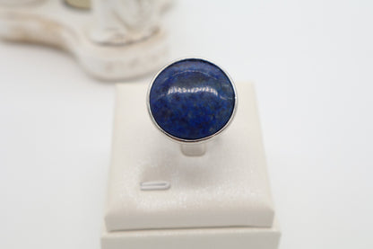 Anello regolabile in bronzo color argento con grande lapislazzuli naturale blu da 2,5 cm