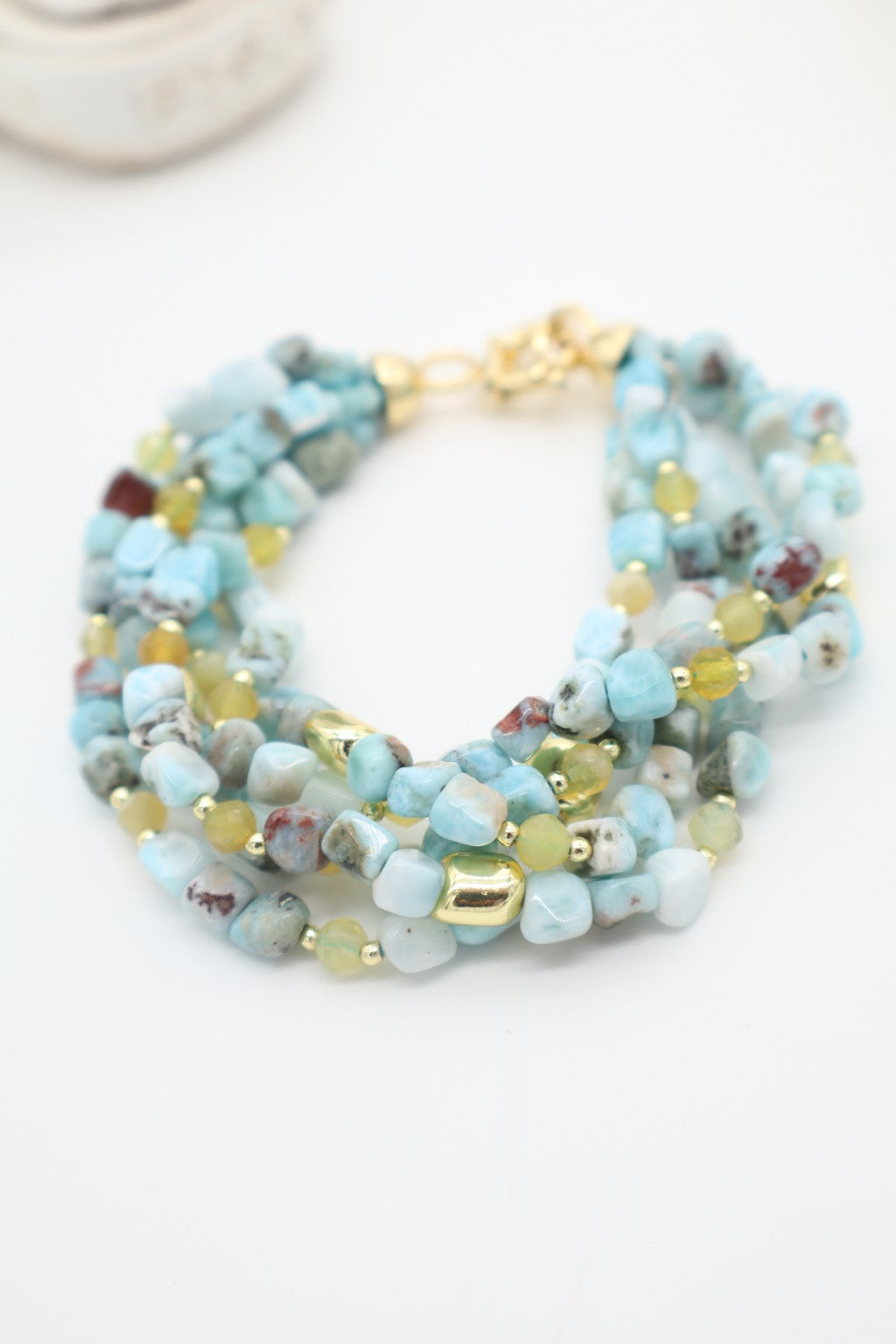Bracciale multifilo a cinque fili in Larimar, Opale giallo ed Ematite con chiusura in argento dorato