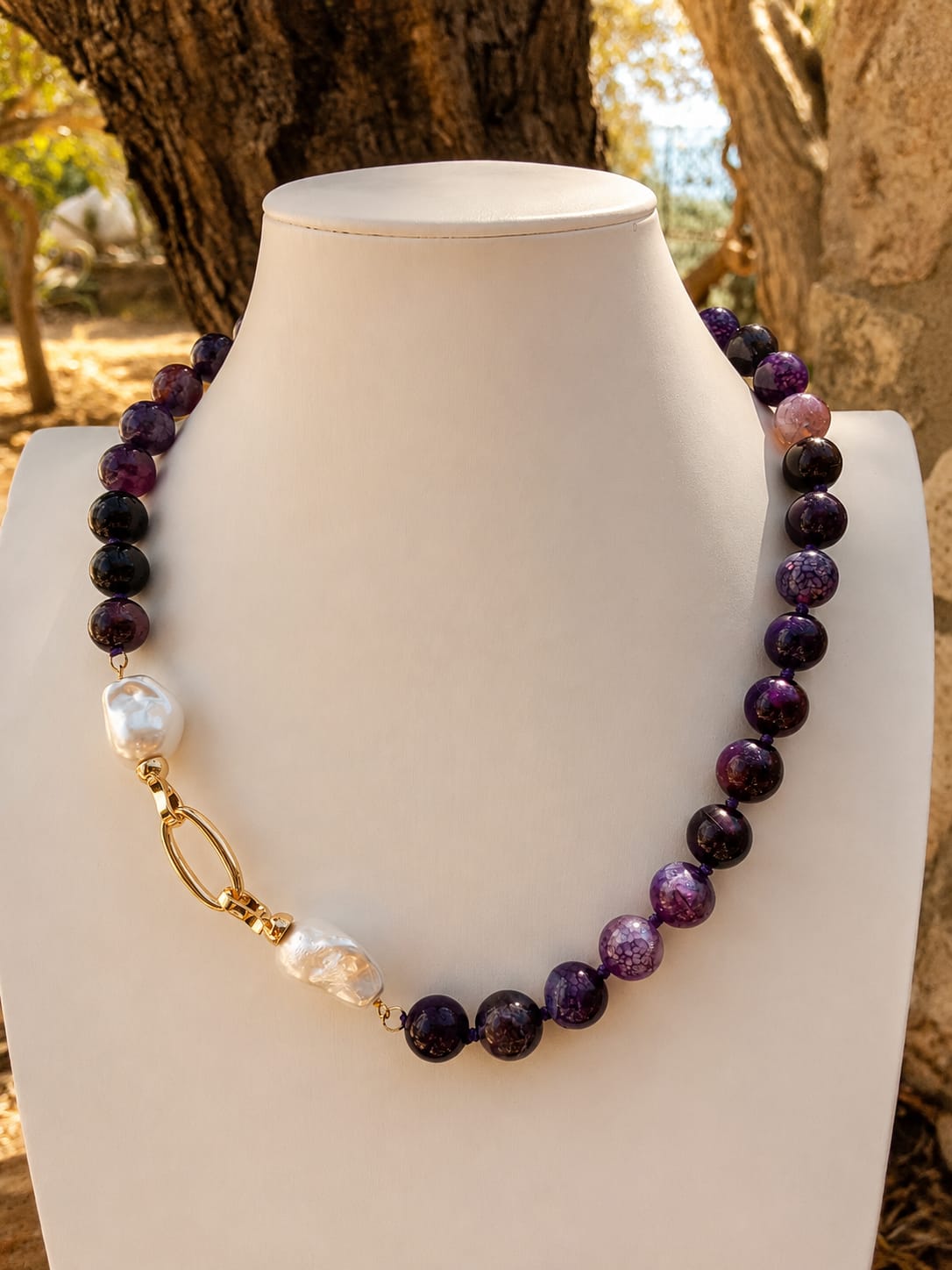 Collana Agata Craquelé Viola con Perle Barocche | Eterea