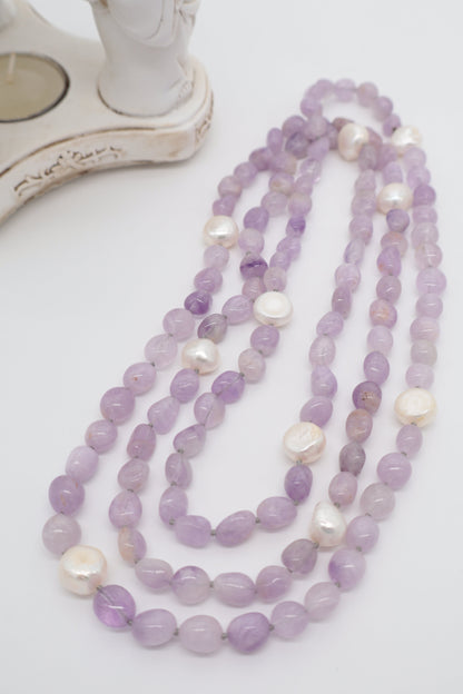 Collana Ametista Lavanda e Perle Naturali – 120 cm