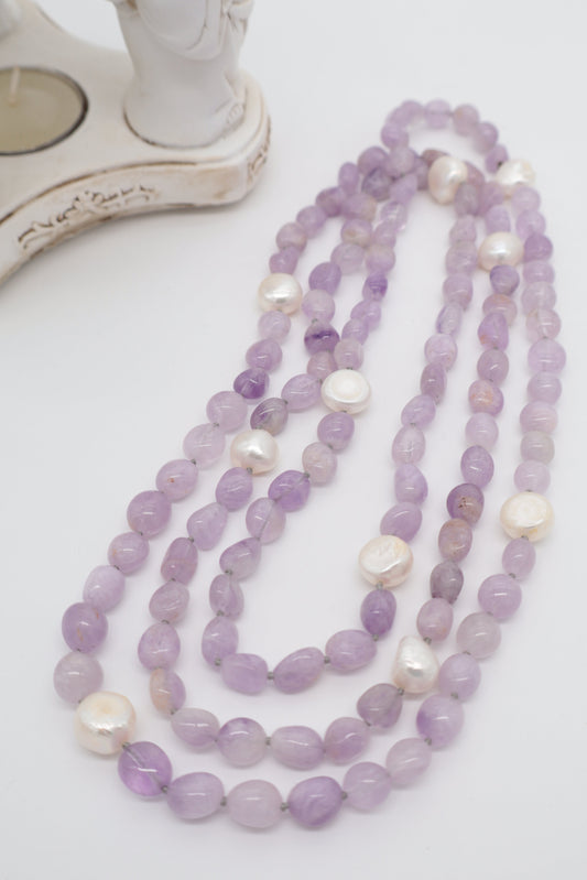 Collana Ametista Lavanda e Perle Naturali – 120 cm