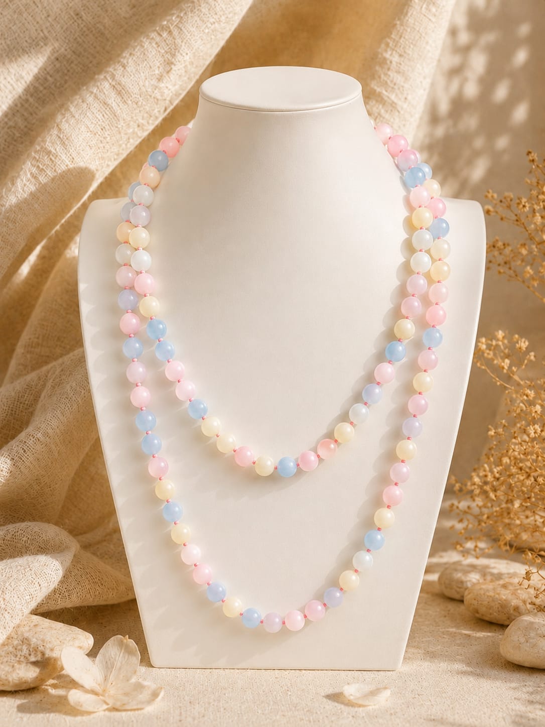 Collana lunga 120 cm in Giada Morganite naturale con pietre da 8 mm nelle tonalità rosa, azzurro e crema.