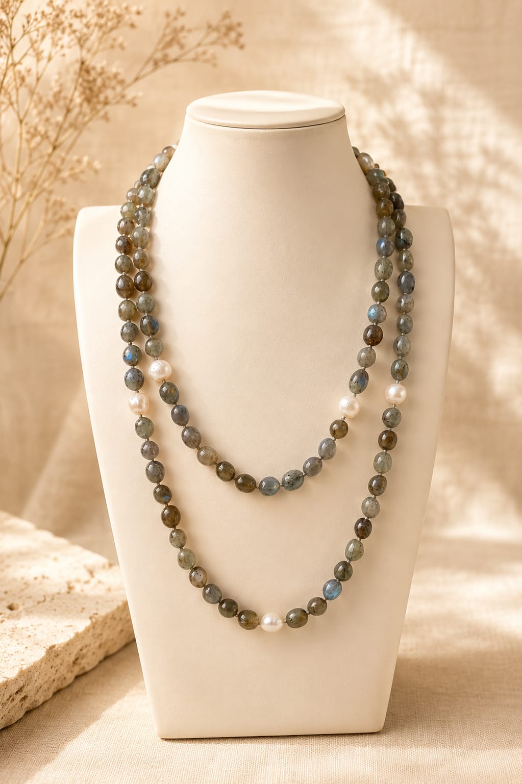 Collana Lunga in Labradorite e Perle di Fiume Eterea Natural Stone