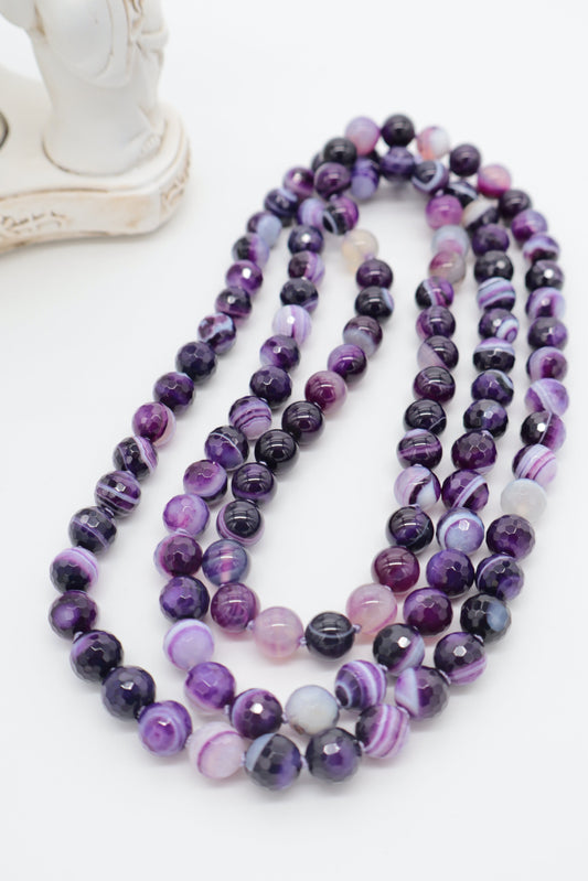 Collana Lunga 120 cm in Agata Viola Striata Sfaccettata 10 mm