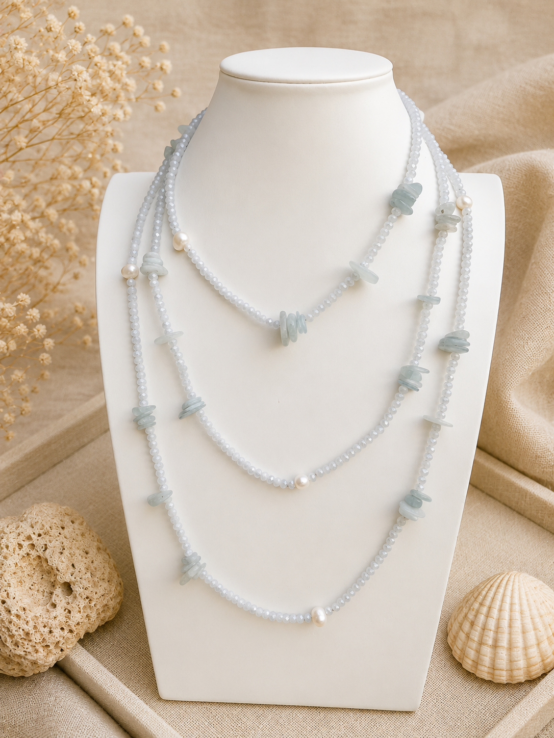 Collana Lunga 160 cm Acquamarina, Cristalli e Perle di Fiume | Eterea Natural Stone