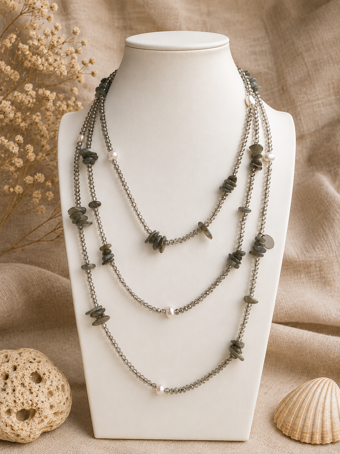 Collana Lunga 160 cm in Labradorite, Cristalli Sfaccettati e Perle Naturali Eterea Natural Stone