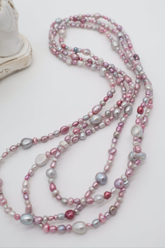 Collana Lunga 160 cm in Perle di Fiume Irregolari Rosa, Avorio e Argento