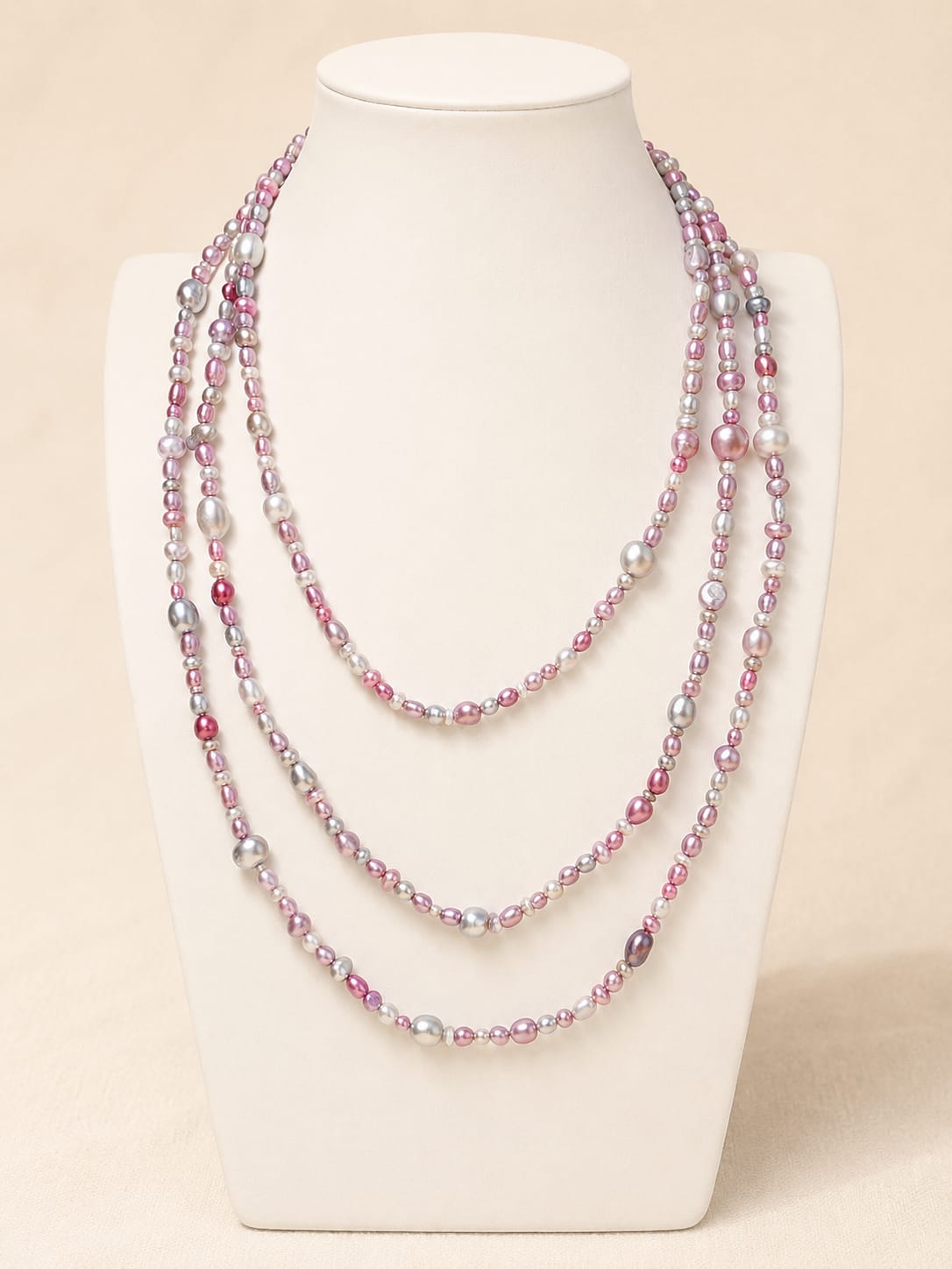 Collana Lunga 185 cm in Perle di Fiume Irregolari Rosa, Avorio e Argento – Eterea Natural Stone