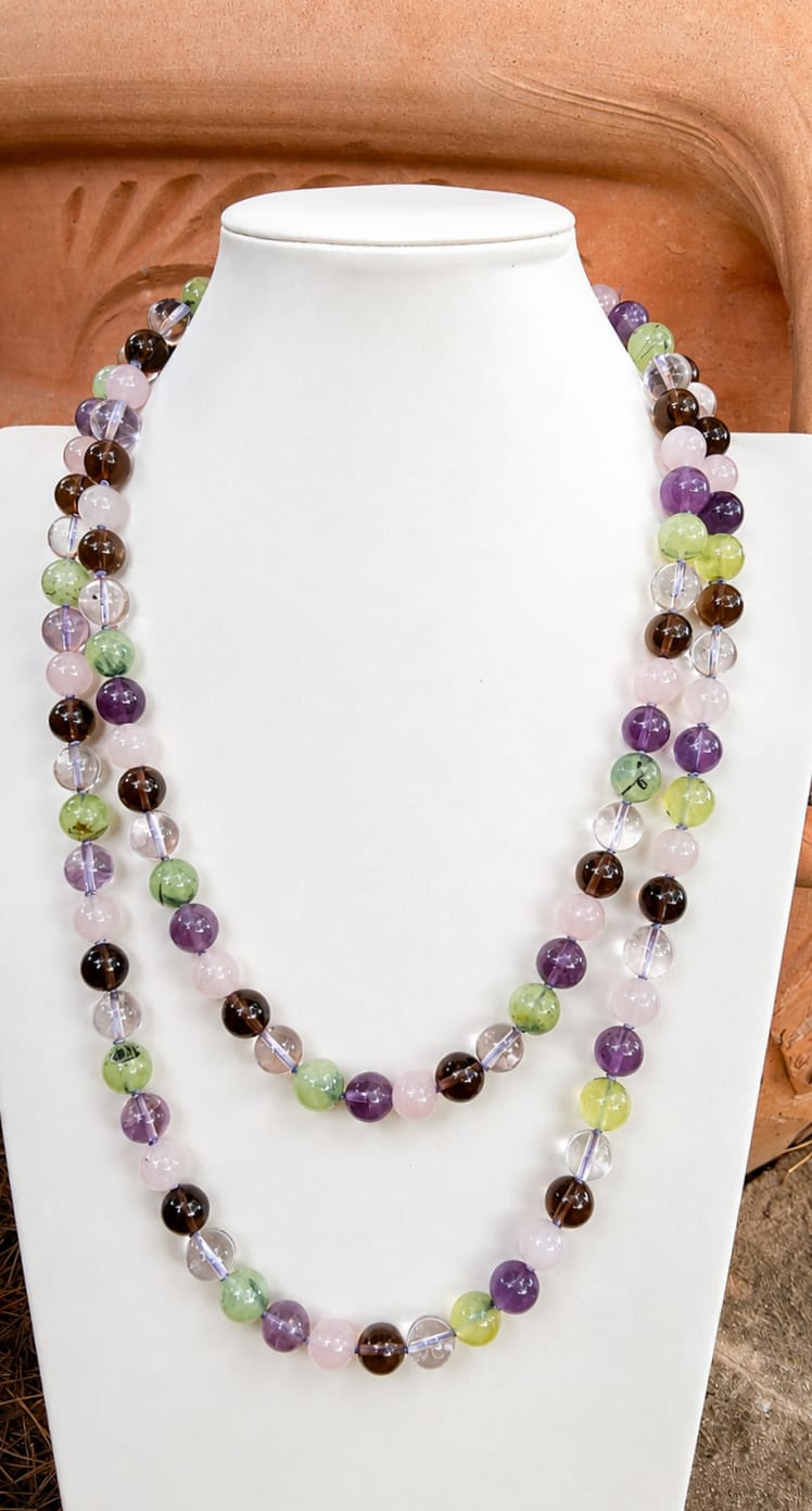 Collana Lunga Annodata 120 cm in Ametista, Prehnite, Quarzo Rosa, Quarzo Fumé e Cristallo di Rocca Eterea Natural Stone
