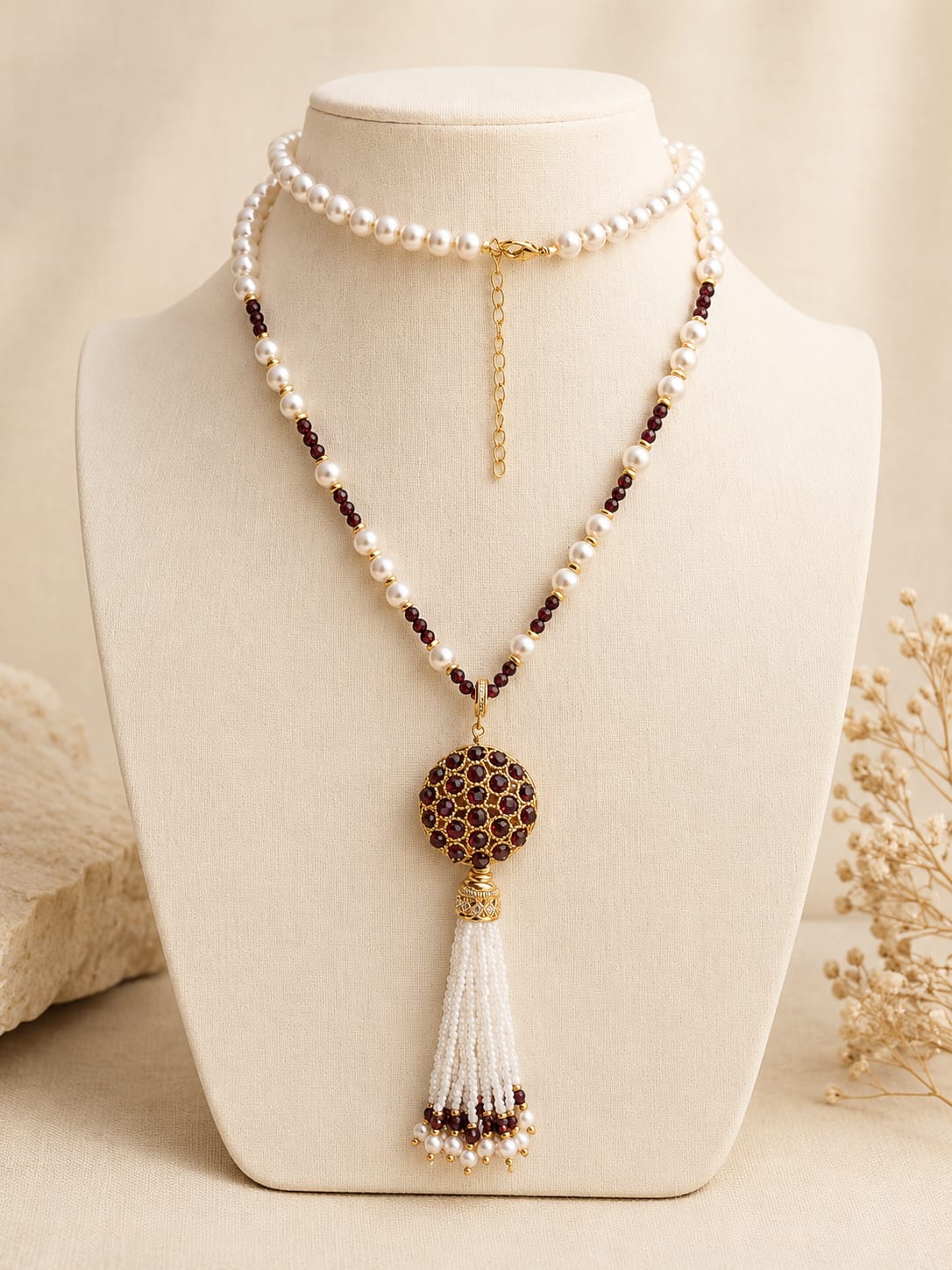 Collana Lunga con Perle di Majorca e Granato Sfaccettato con Pendente Nappina Eterea Natural Stone