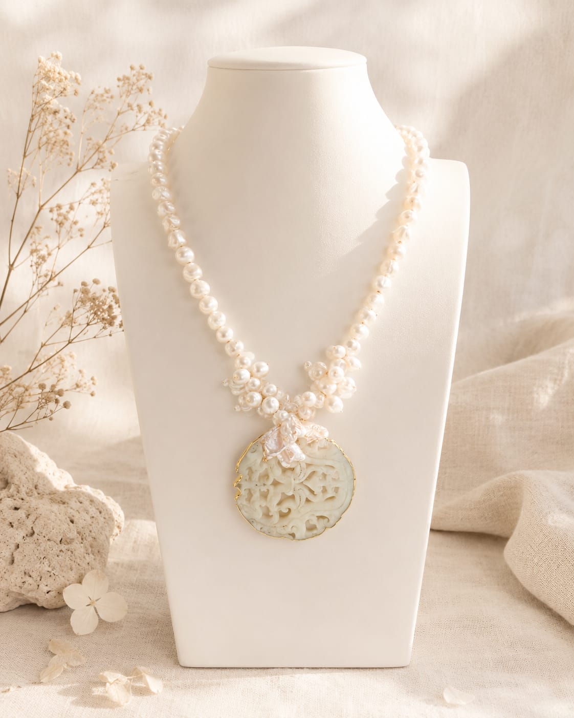 Collana Lunga in Agata Bianca e Perle Naturali con Medaglione Intagliato Eterea Natural Stone