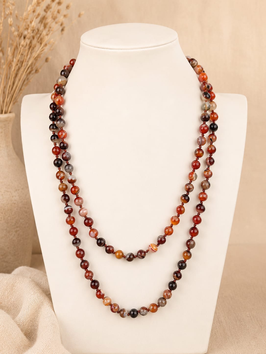 Collana Lunga in Agata Marrone Mogano Striata Naturale Eterea Natural Stone