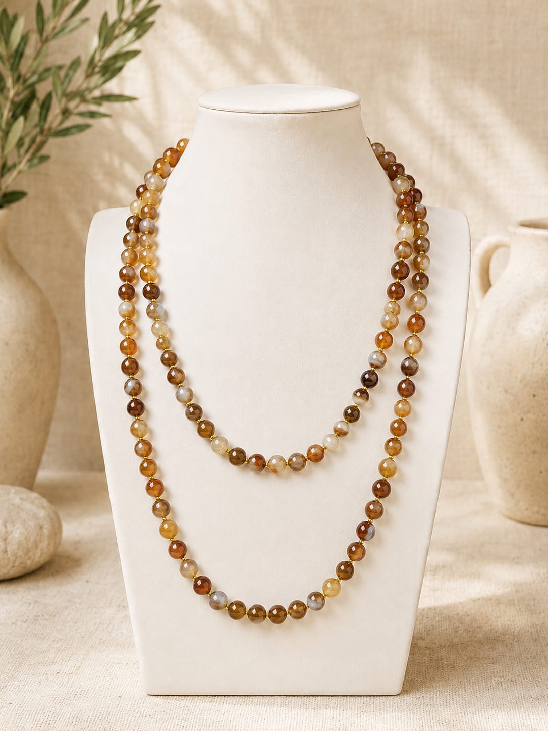 Collana Lunga in Agata Miele Naturale Annodata a Mano – 120 cm Eterea Natural Stone