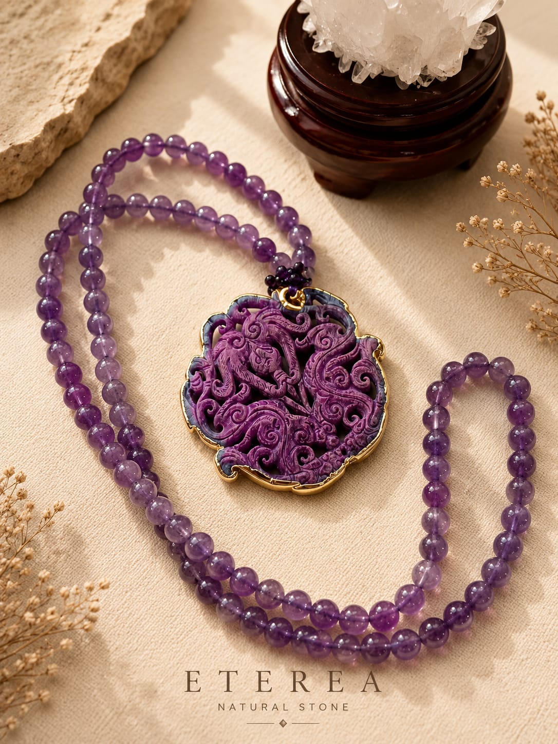 Collana Lunga in Ametista Naturale  con Ciondolo Intagliato Eterea Natural Stone