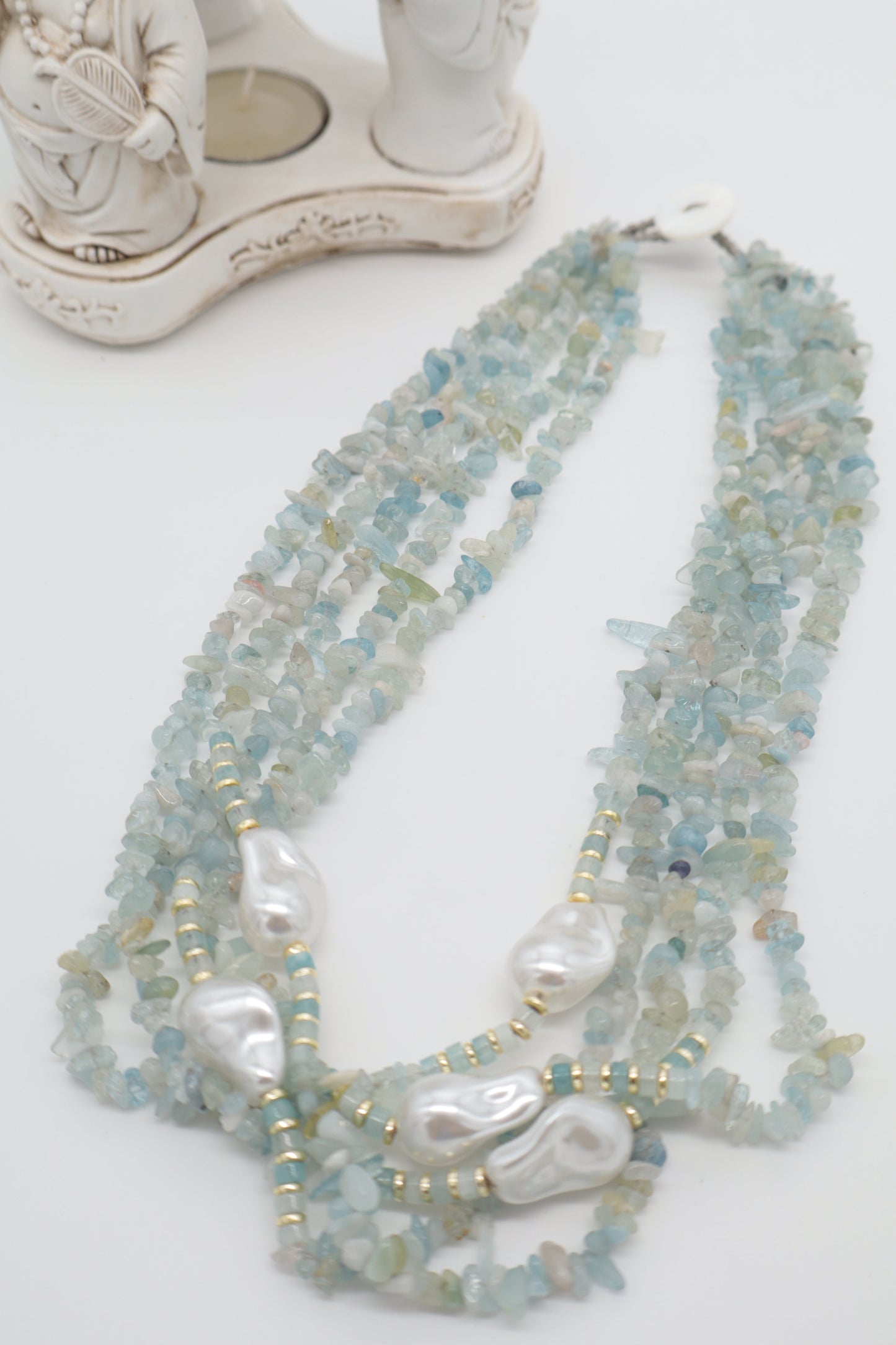 Collana Multi filo 5 Fili in Acquamarina e Perle Barocche