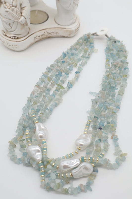 Collana Multi filo 5 Fili in Acquamarina e Perle Barocche