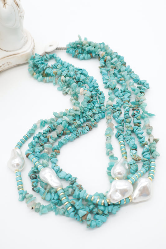Collana Multi filo Turchese Naturale e Perle Barocche