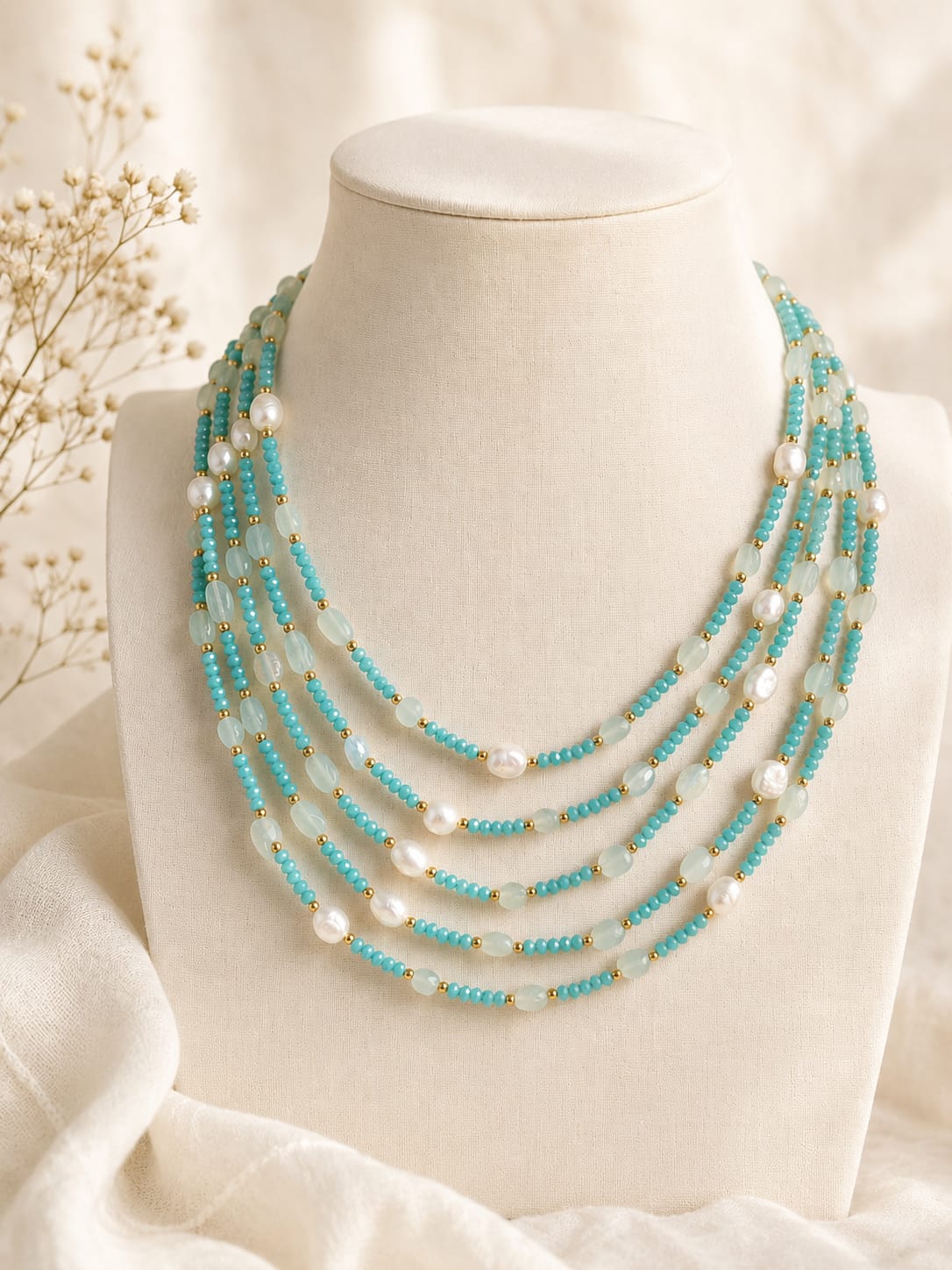 Collana Multifilo Acquamarina, Perle d'Acqua Dolce e Cristalli Azzurri | Eterea Natural Stone