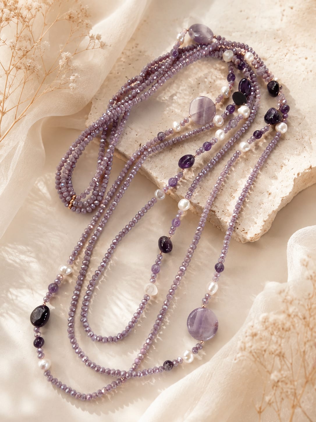 Collana Multifilo Ametista e Perle di Fiume 100 cm | Eterea Natural Stone