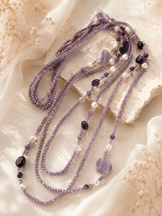 Collana Multifilo Ametista e Perle di Fiume 100 cm | Eterea Natural Stone