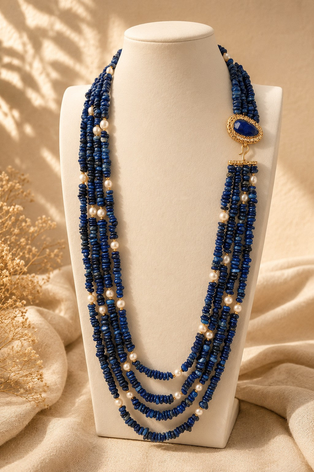 Collana Multifilo Apatite e Perle di Fiume – 4 Fili con Chiusura Gioiello in Bronzo Dorato Eterea Natural Stone