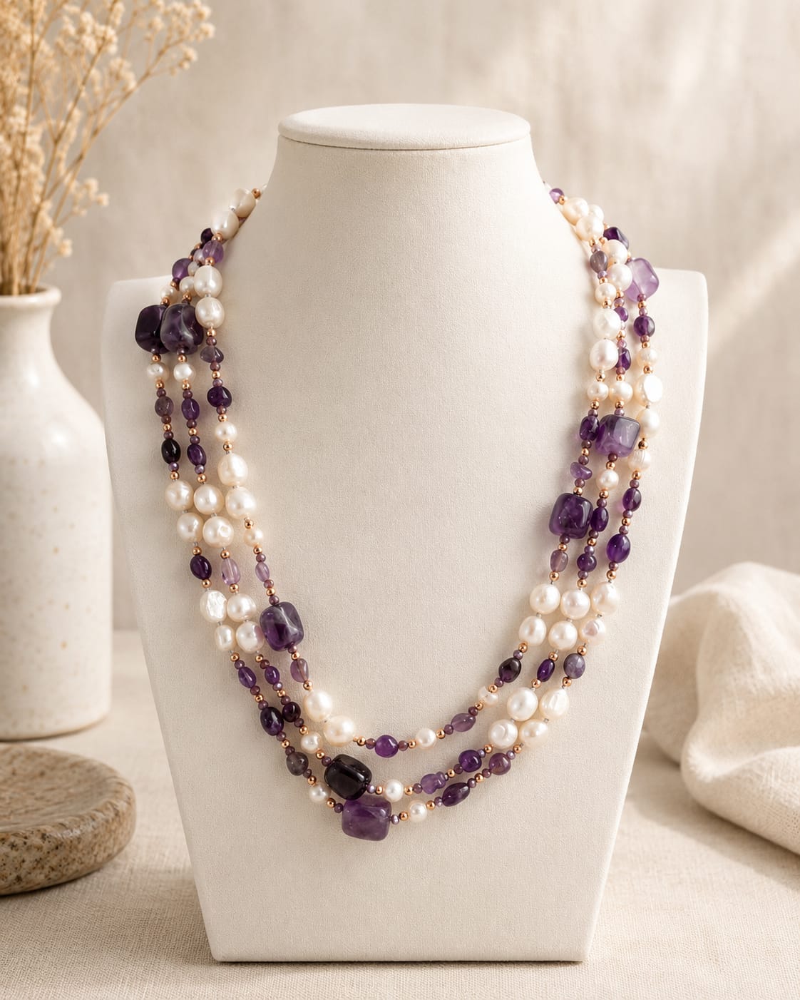 Collana Multifilo in Ametista e Perle d’Acqua Dolce Eterea Natural Stone
