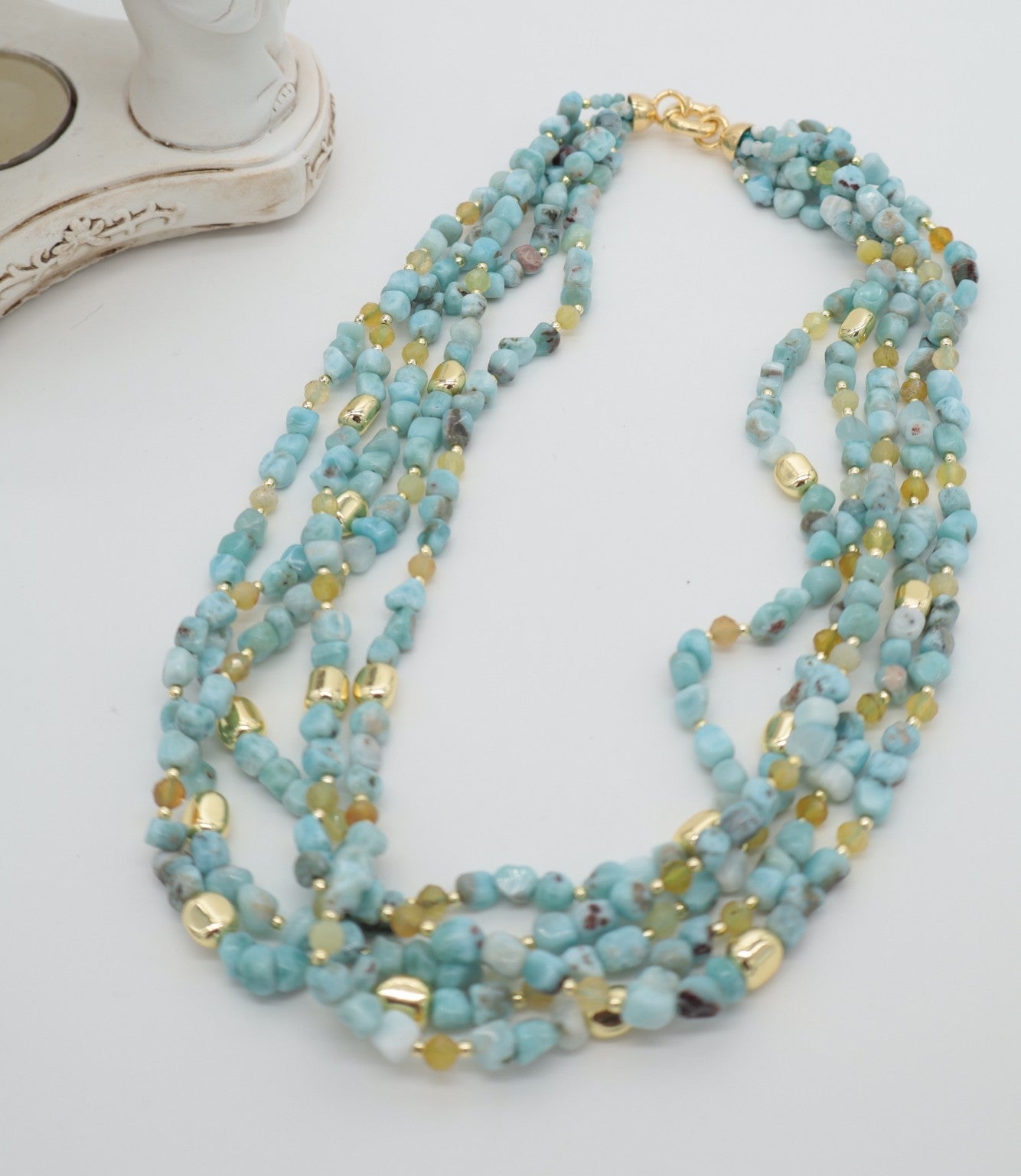 Collana Multifilo in Larimar e Opale Giallo,  Chiusura in argento