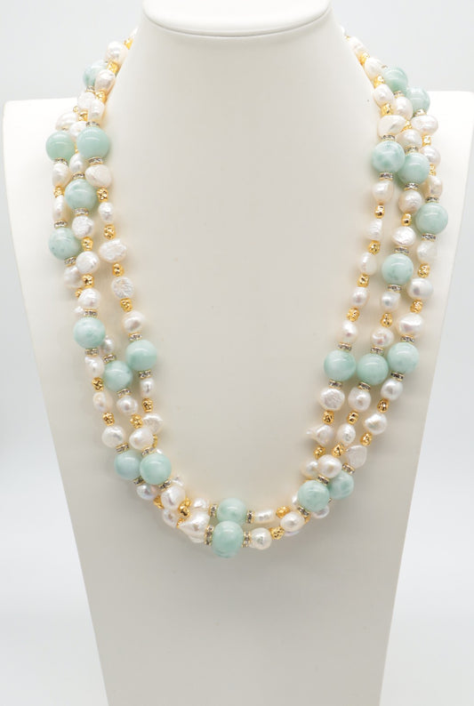 Collana Prestige a Tre Fili in Larimar e Perle Barocche Naturali | Eterea Natural Stone