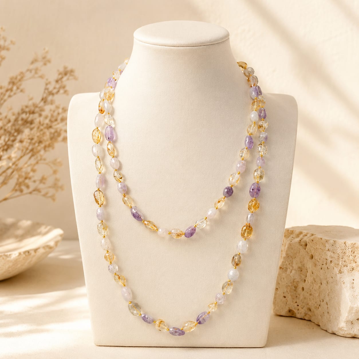 Collana lunga in ametista lavanda e quarzo citrino naturale con pepite irregolari su sfondo beige elegante Eterea Natural Stone