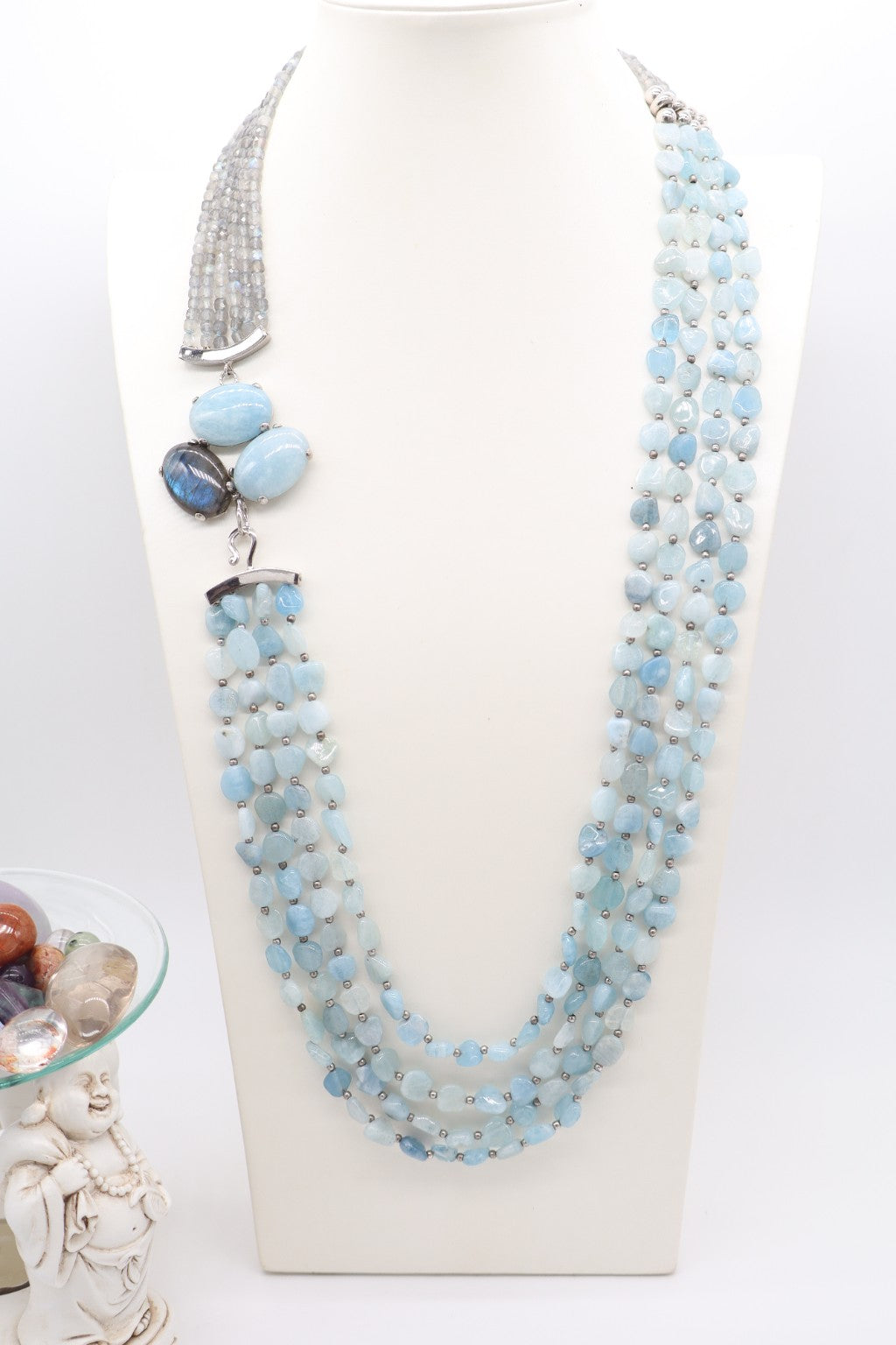 Collana in acquamarina e labradorite con quattro fili e chiusura in argento platinato