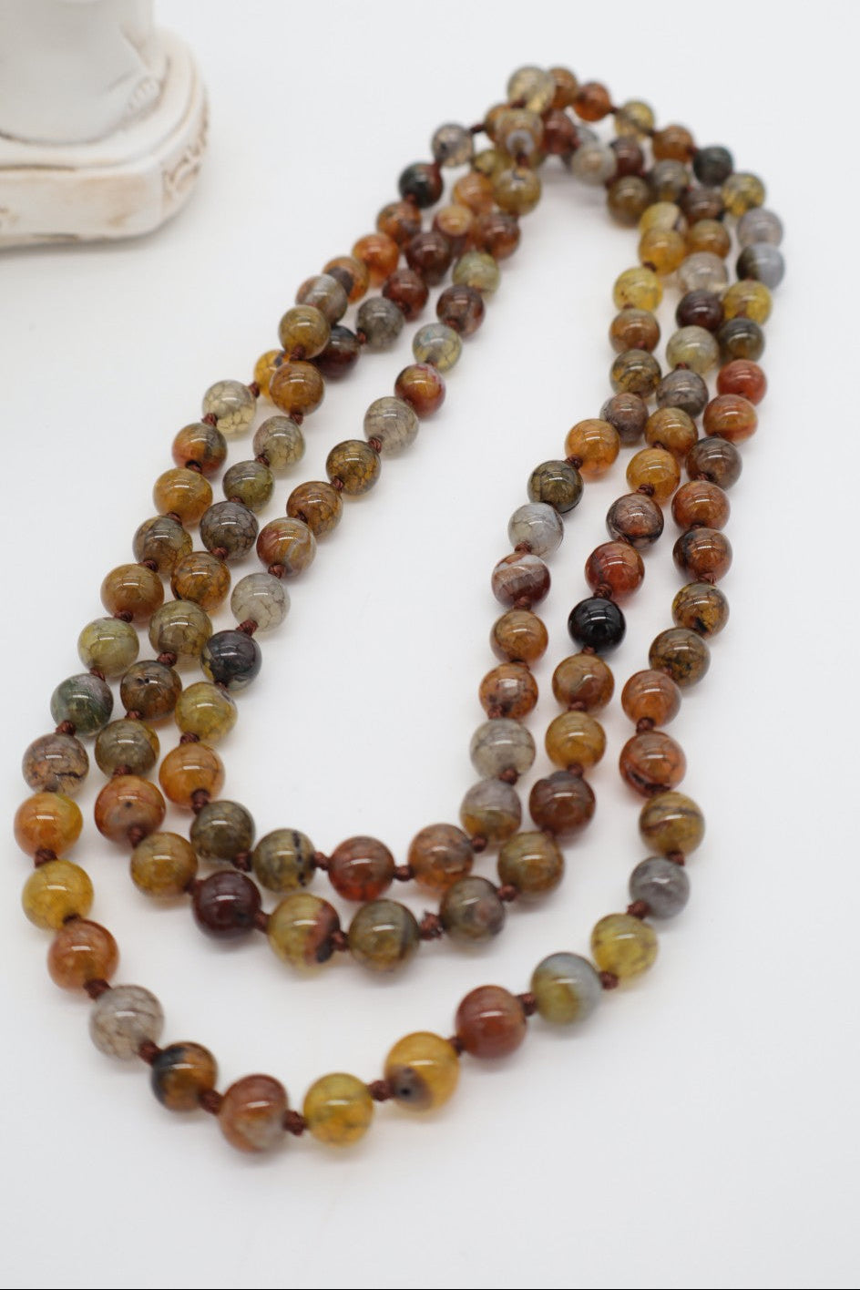 Collana lunga 120 cm in Agata Dragon naturale marrone mix con pietre sferiche da 8