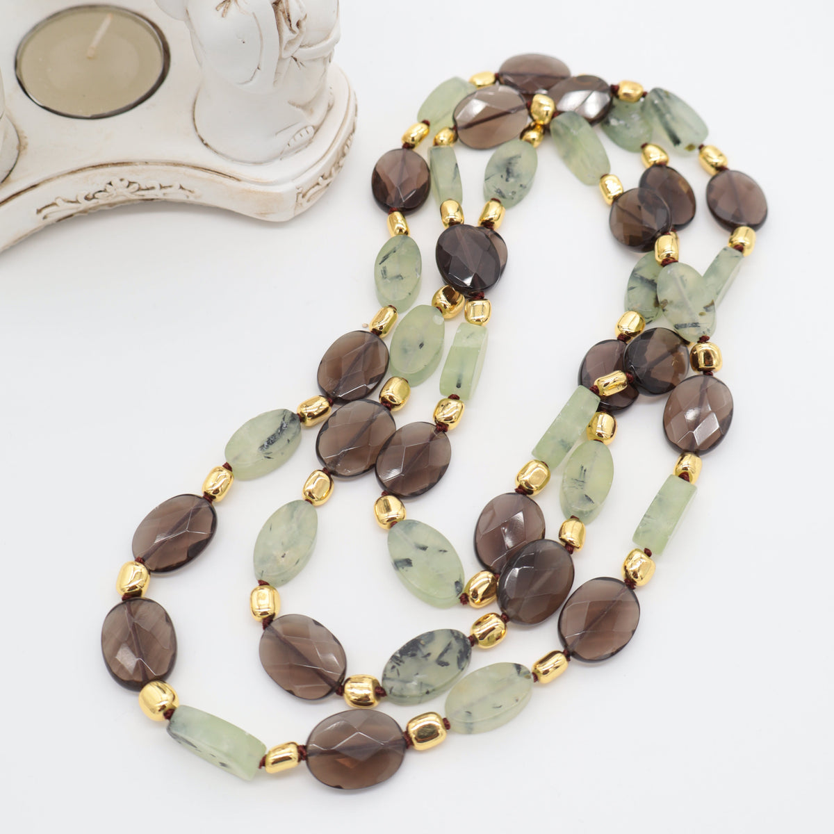Collana lunga 120 cm in Quarzo Fumé e Prehnite naturale